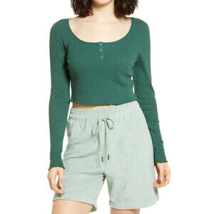 BP. Women's Crop Henley Top In Green Trekking Size XS